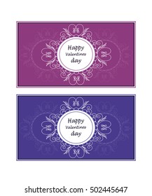 Set of St. Valentine's Day postcards with floral ornament on violet background. St. Valentine Day greeting card. Handdrown Valentine Day vector card.