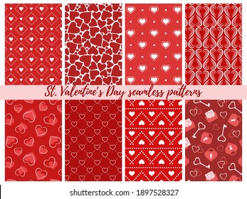 Set of St. Valentine's Day seamless patterns; vector backgrounds with hearts for wrapping paper, packaging, fabric, textile, etc.