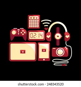 Set of St. Valentine's Day technological gadgets and devices.