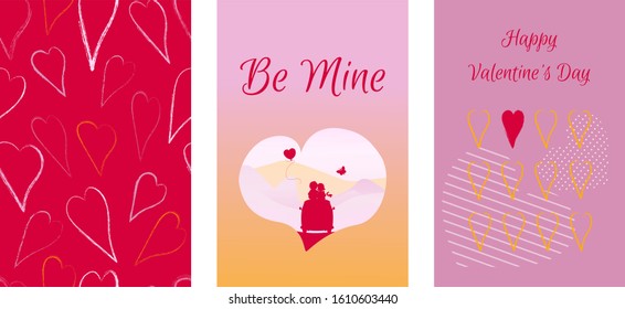 Set of  St. Valentine's greeeting cards, typography poster,  label, banner design. Silhouette boy and girl in love sitting. Heart-shaped frame.  Abstract shapes. Seamless pattern.