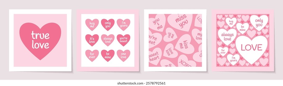 Set of St Valentines postcards with hearts with romantic messages. Pink postcards collection for Valentines Day. Flat vector designs