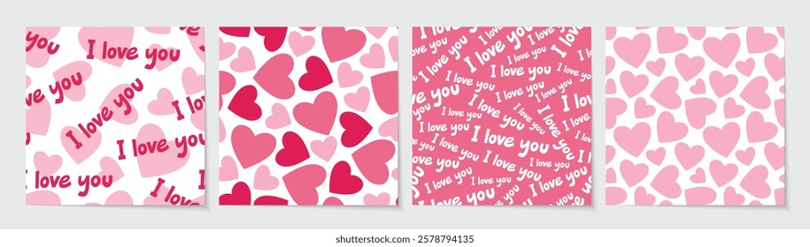 Set of St Valentines seamless patterns with hearts and romantic text. Pink patterns collection for Valentines Day. Flat vector designs 