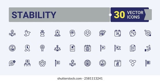 Set of Stability line icons. Includes thin line hippie, peaceful, human, graphic, faith, war and more. Collection for mobile and web apps. Solid line editable stroke. Vector line and solid icons.