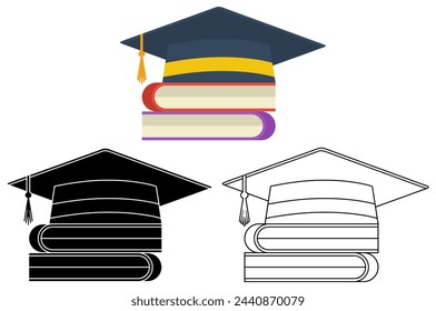 Set stack of books with graduation cap icon study symbol flat design vector illustration