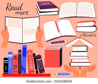 Set with stack of books and hands.  Literature, diary with bookmarks, dictionaries, encyclopedias, pencils. Pile of textbooks for education. Library concept. Vector illustration