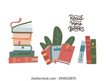 Set of Stack of books isolated on a white background. Pile of colorful books. Hand drawn educational flat vector illustration. World book day concept. Lettering quote - read more books