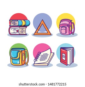 set stack of books and supplies school
