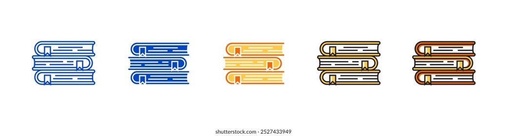 Conjunto de iconos vectoriales de pila de libros con estilos de contorno, plano y color para símbolos de ciencia, aprendizaje y educación.