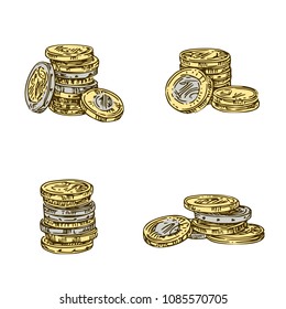 Set of stack coins. Engraving style. Vector illustration.