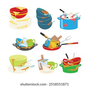 Conjunto de pilha de pratos sujos coleção de desenhos animados, cozinha conceito de talheres domésticos, Pratos sujos para lavar e limpar após a refeição, pratos sujos e copos, vidro, xícara, cozinha de desenhos animados pratos vazios.