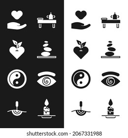 Set Stack hot stones, Heart, in hand, Massage table with oil, Yin Yang, Hypnosis, Aroma candle and Acupuncture therapy icon. Vector