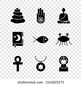 Set Stack hot stones, Jainism or Jain Dharma, Buddhist monk, Cross ankh, Star of David necklace chain, Jesus Christ, Holy book Koran and Christian fish icon. Vector