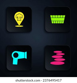Set Stack hot stones, Massage, Hair dryer and Sauna bucket. Black square button. Vector