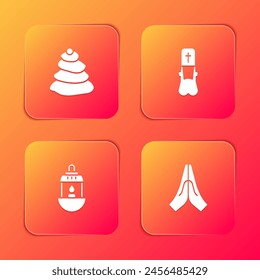 Set Stack Hot Stones, Priester, Ramadan Kareem Laterne und Hände in der Gebetsposition Ikone. Vektorgrafik