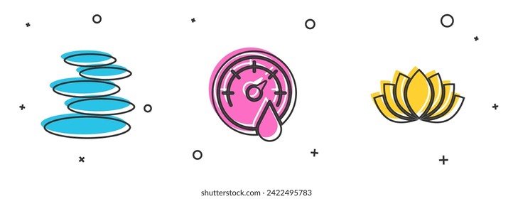 Set Stack hot stones, Sauna thermometer and Lotus flower icon. Vector