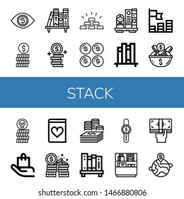 Set of stack icons such as Money, Coin, Bookshelf, Dollar coins, Gold, Dollar, Book shelf, Coins, Handle with care, Romantic novel, Time is money, Shelf, Cash , stack
