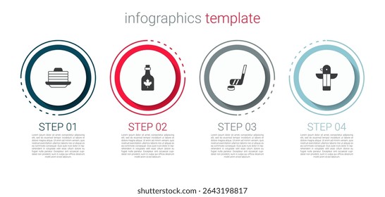 Set Stack of pancakes, Bottle maple syrup, Ice hockey stick and puck and Canadian totem pole. Business infographic template. Vector
