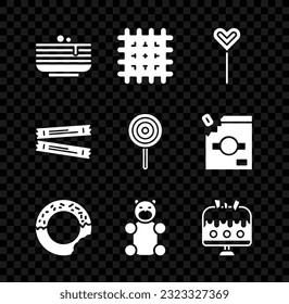 Set Stack of pancakes, Cracker biscuit, Lollipop, Donut, Jelly bear candy, Cake plate, Sugar stick packets and  icon. Vector