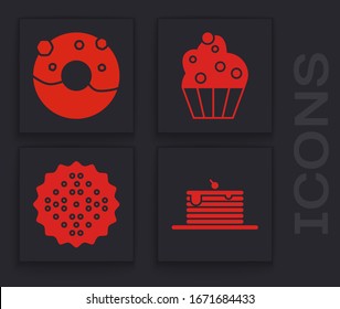 Set Stack of pancakes , Donut with sweet glaze , Cupcake  and Cracker biscuit  icon. Vector