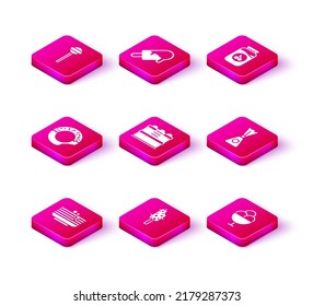Set Stack of pancakes, Ice cream, Donut, Cake, in bowl, Candy, Cherry jam jar and  icon. Vector
