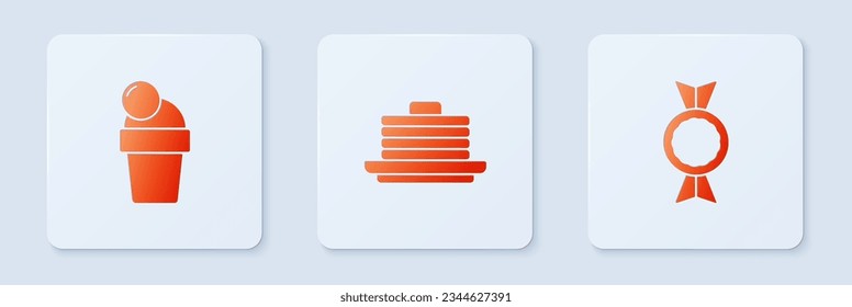 Set Stack of pancakes, Ice cream and Candy. White square button. Vector