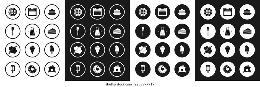 Set Stack of pancakes, Kitchen apron, Spatula, Homemade pie, Cake, Oven, Ice cream and Rolling pin dough icon. Vector