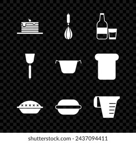 Set Stack of pancakes, Kitchen whisk, Glass bottle with milk and glass, Homemade pie, Macaron cookie, Measuring cup, Spatula and Cooking pot icon. Vector