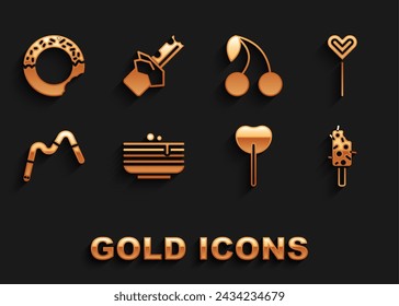 Set Stack of pancakes, Lollipop, Ice cream, Jelly worms candy, Cherry, Donut and Bitten chocolate bar icon. Vector