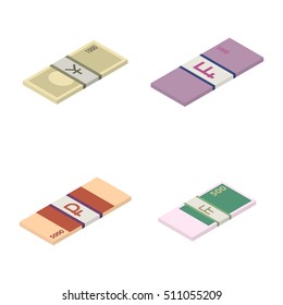 Set the stack of paper money world currencies, isolated on a white background. Symbols ruble, yen, Swiss franc and the French. Isometric style, vector illustration.