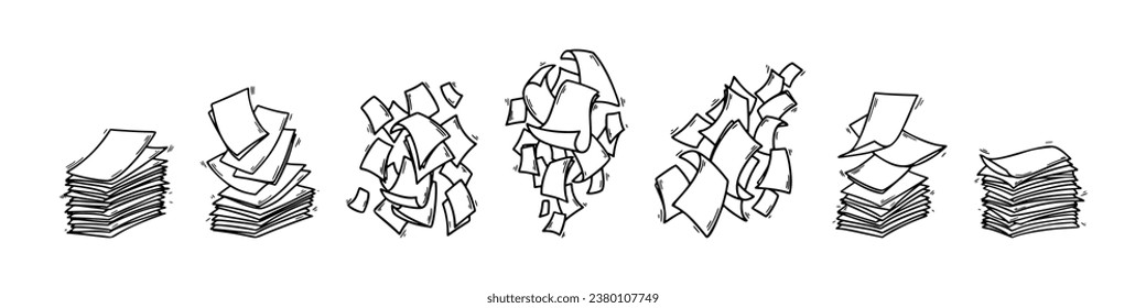 Conjunto de pila de páginas de papel de línea de arte. Hojas en blanco. Ilustración vectorial de doodle dibujado a mano. Montón de papel doodle. Acumulación de documento de contrato