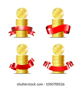 Set of Stacked of coins with red ribbon. Concept of pecuniary profit, finance success or presents. Vector illustration isolated on white background