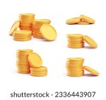 Set of stacked gold blank metal coins, 3D realistic money, cash, treasure heap. Game assets, payment signs, bank, finance symbols vector illustration isolated on white background
