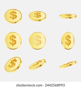 Set of stacked gold blank metal coins, 3D realistic money, cash, treasure heap. Game assets, payment signs, bank, finance symbols vector illustration isolated on white background