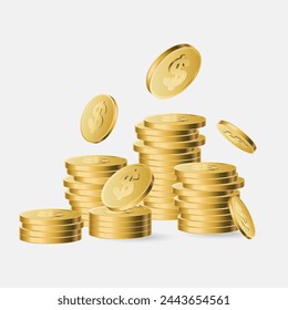 Set of stacked gold blank metal coins, 3D realistic money, cash, treasure heap. Game assets, payment signs, bank, finance symbols vector illustration isolated on white background