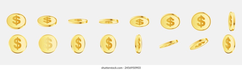 Set of stacked gold blank metal coins, 3D realistic money, cash, treasure heap. Game assets, payment signs, bank, finance symbols vector illustration isolated on white background