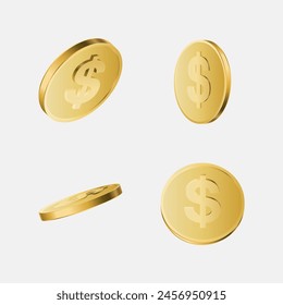 Conjunto de monedas de metal en blanco de oro apilado, dinero realista 3D, dinero en efectivo, montón de tesoros. Ilustración vectorial aislada en el fondo blanco de los activos del juego, señales de pago, banco, símbolos financieros