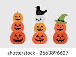 Set of stacked Halloween pumpkins with crows.
Cute Jack-o