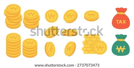 Set of stacked Korean currency coins and tax money pouches