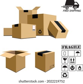 set of stacked open and closed isolated boxes with care symbols and  shipping icons