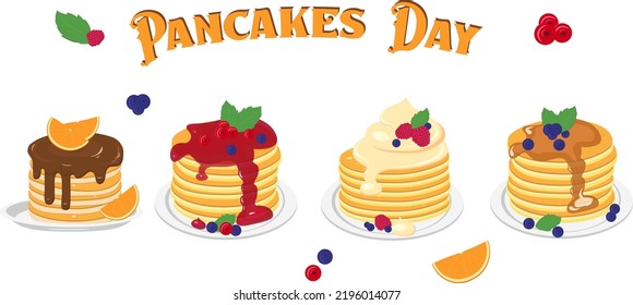 Set of stacked pancakes with various syrups on the plate. Nice colorful design for card, party invitation for Pancake Day. Healthy eating, homemade bakery concept. Vector illustration, banner.