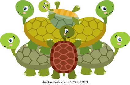 Set of stacked turtles playing
