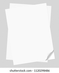Set of stacked white notebook paper with curled corners for text or advertising message on grey squared background