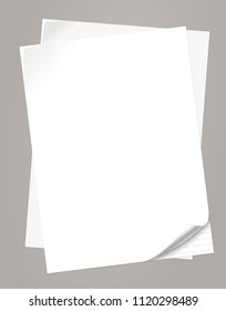 Set of stacked white notebook paper with curled corners for text or advertising message on grey background