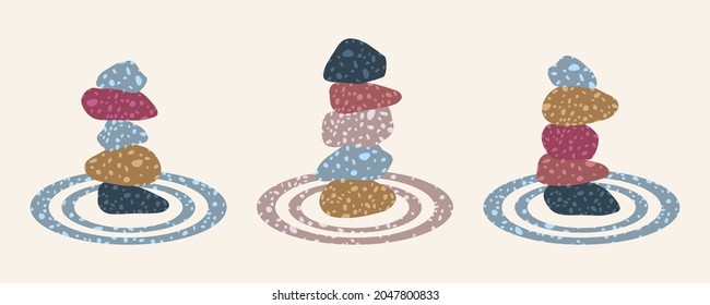 Set of stacked Zen stones - hand drawn vector illustration. Flat color design.