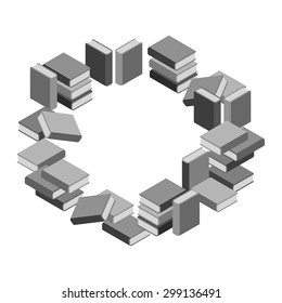 Set of stacks of books in gray scale in circle