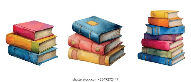 Set of stacks of books watercolor png. Cute cartoon books stacked on top of each other. Concept of library, study. school etc. Cute cartoon books. Vector illustration.
