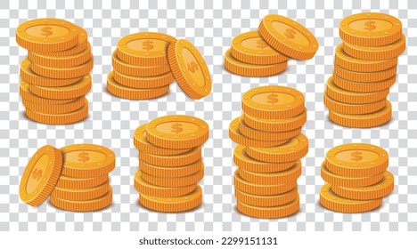 Set with stacks of coins. Gold coins on a transparent background.