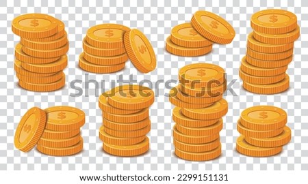 Set with stacks of coins. Gold coins on a transparent background.