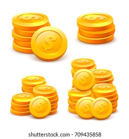 Set stacks of coins on the white background. Vector illustration