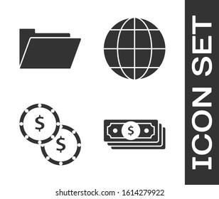 Set Stacks paper money cash, Document folder, Coin money with dollar symbol and Earth globe icon. Vector